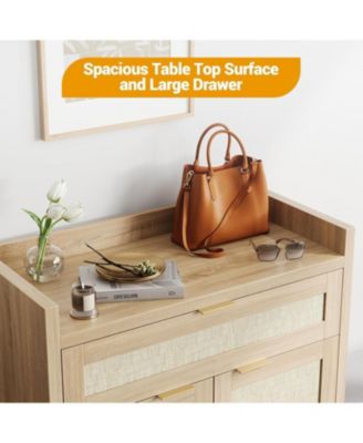 32” boho rattan shoe cabinet with doors and drawer, adjustable shelf, and wood finish—ideal as a coffee bar or accent console.