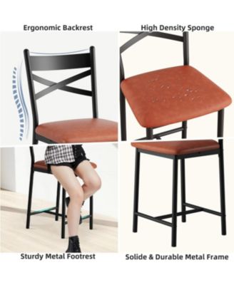 Set of 4 22" Bar Stools, Counter Height, PU Upholstered Seat, Metal Frame, X-Back, for Kitchen Island
