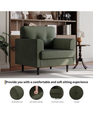 38" Mid Century Modern Green Chair, Tufted Linen, High-Density Foam, Ergonomic Arms, 350lbs, Living Room