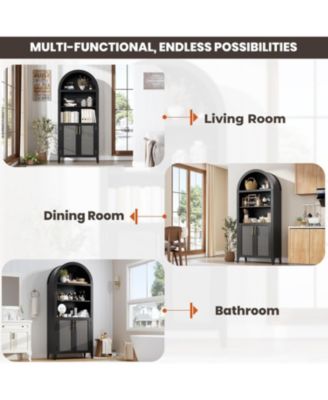 Arched Pantry Storage Cabinet with Rattan Decor, 5-Tier Display, Farmhouse Storage for Kitchen