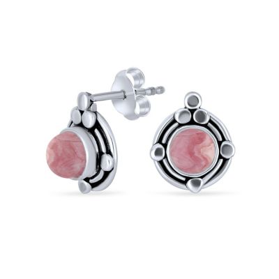 Leaf Motif Bezel Set Gemstone Pink Rhodochrosite Round Stud Earrings .925 Sterling Silver