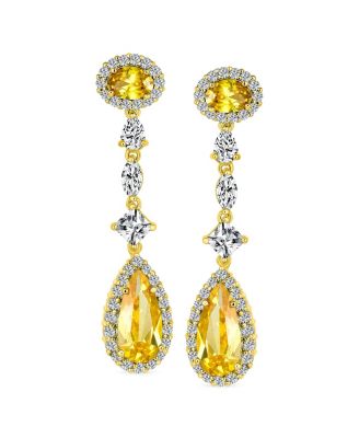 Canary Yellow Royal Green Halo CZ Teardrop Chandelier Earrings Silver Plated