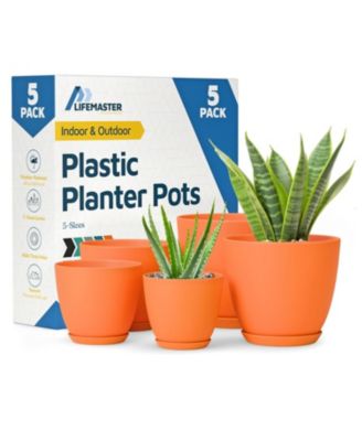 Yellow Plant Pots 5 Pack with Drainage Holes & Saucers, Stackable Indoor & Outdoor Planters