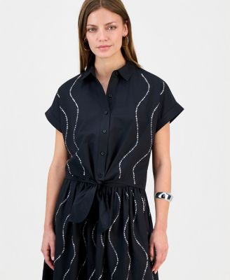 Petite Rhinestone Short-Sleeve Collared Top