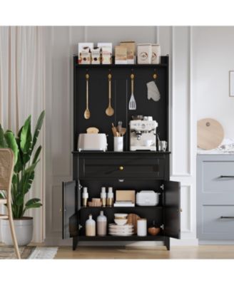 63" Pantry Cabinet with 4 Hooks, Kitchen Storage Cabinet with Charging Station, Coffee Bar Table for Living Room, Dining Room, 1 Large Drawer