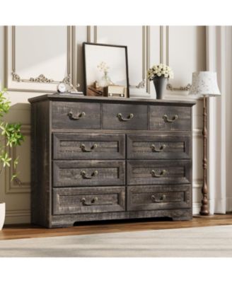 9-Drawer Vintage Wood Dresser, 47" Wide Storage Chest with Metal Pulls & Dual-Size Drawers for Bedroom, Hallway
