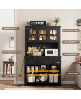 66" Tall Kitchen Pantry Cabinet, Modern Kitchen Hutch with Charging Station, Large Coffee Bar Storage Cabinet with Glass Doors and Drawers