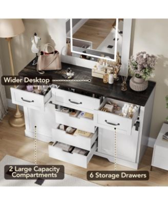 6 Drawers Dresser with LED Light Farmhouse Style Space Saving Sliding Door Storage Cabinet for Bedroom and Living Room
