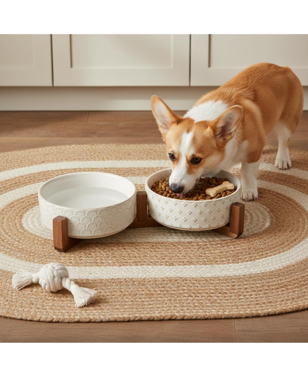 Aronkl Ceramic Dog Bowl Set with Wood Stand Dual Food Water Weighted Non-Slip Base