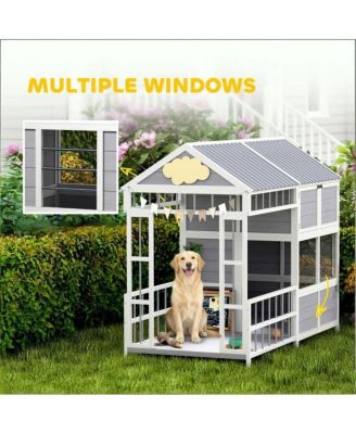 Large Outdoor Gray Wooden Dog House with Covered Porch, Waterproof Roof, Elevated Pet Kennel Shelter for Large Dogs