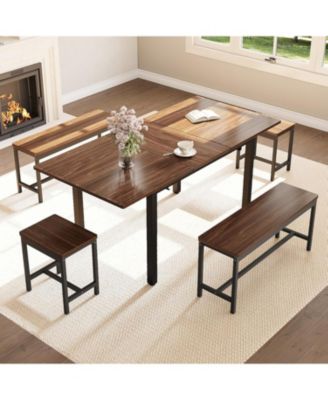 5-Piece 63" Modern Extendable Dining Table Set with 2 Benches and 2 Square Stools