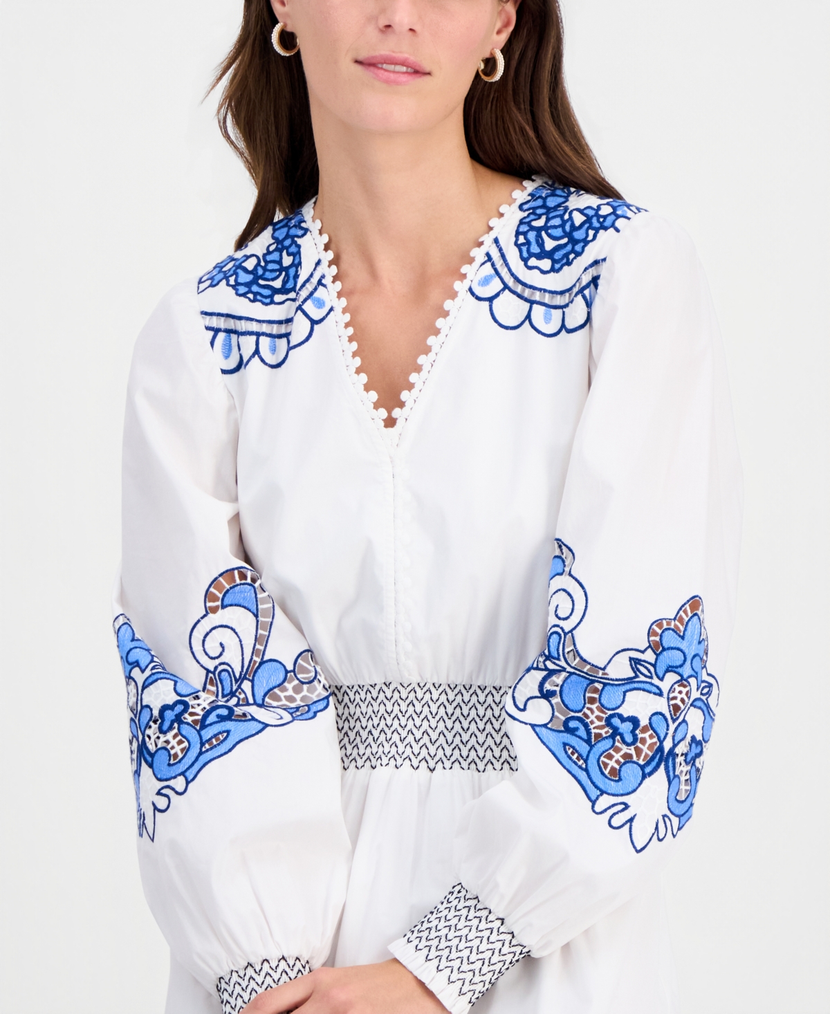 T Tahari Women's Cotton Embroidered-Trim Tiered Dress