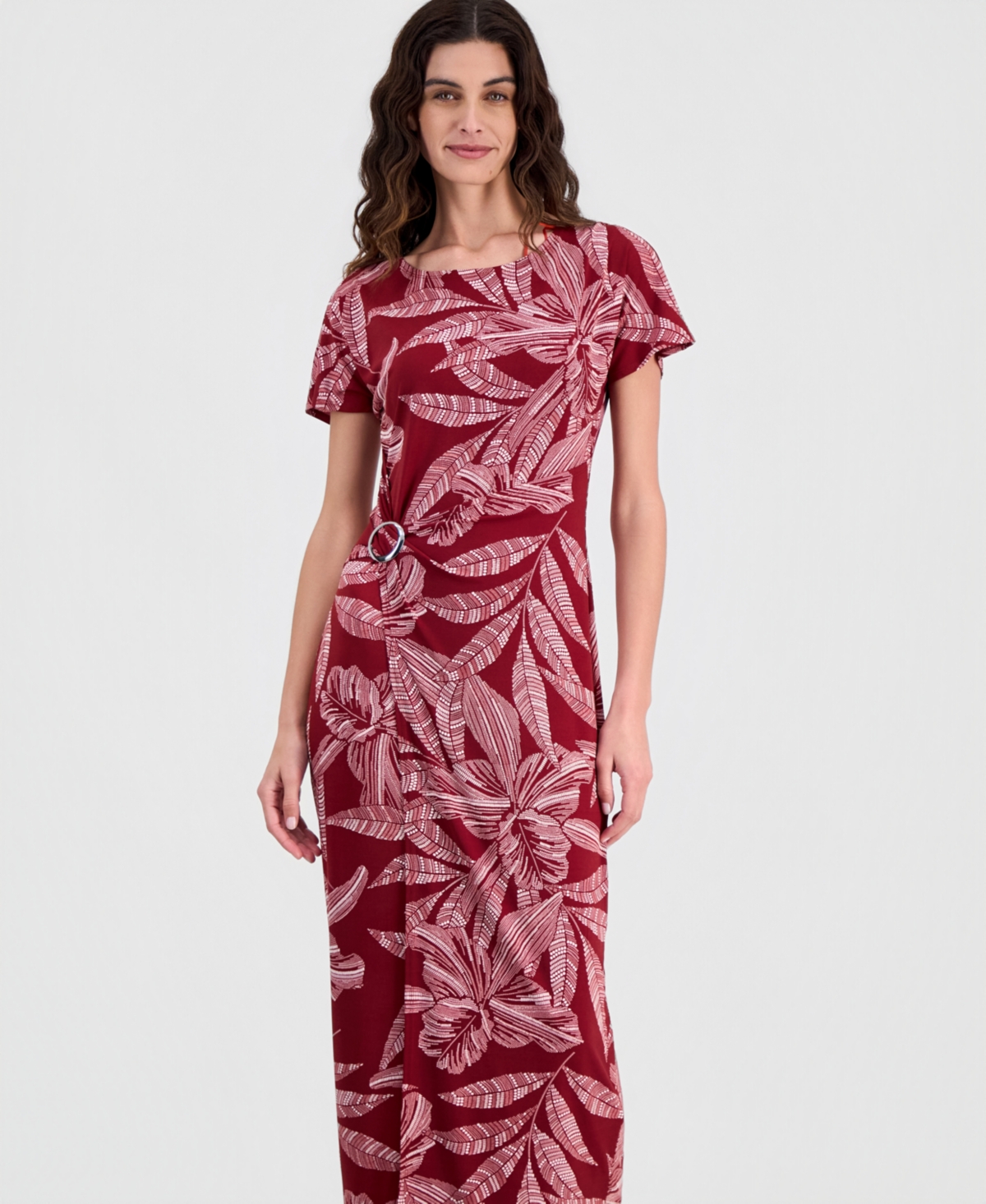 Robbie Bee Women's Printed Round-Neck Faux-Wrap Dress