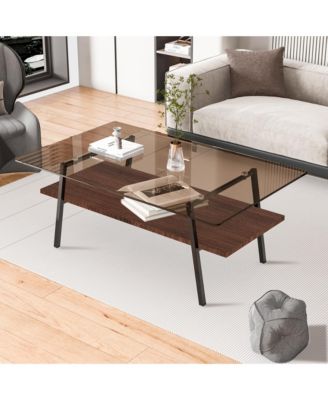 Rectangle Coffee Table, 2 Tier Center Table with Clear Tempered Glass Top and Metal Legs for Living Room