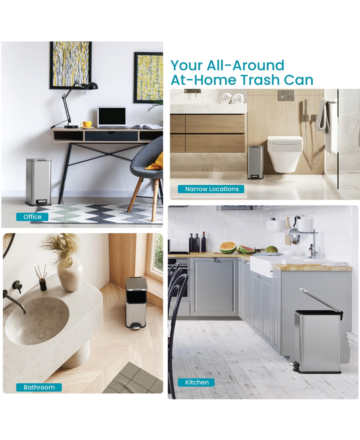 Home Zone Living 4 Gallon Slim Stainless Steel Kitchen Trash Can with Step Pedal and Soft Close Lid