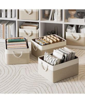 4 Pack Fabric Storage Basket Set with Rope Handles Metal Frame and Hard Bottom Base