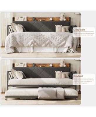 Twin Daybed with Trundle and LED Lights, Upholstered Headboard with Charging Station, Sofa Bed for Living Room or Bedroom