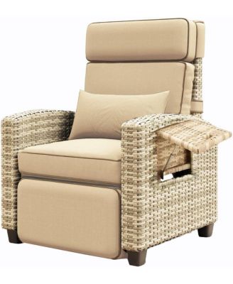 Outdoor Recliner Lounge Chair, 145° Adjustable Backrest & Footrest, PE Wicker Steel Frame with Side Table, Patio Pool Deck