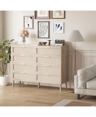 8 Drawer Dresser, Rattan Dresser for Bedroom with 5 Strong Legs, Farmhouse Wood Chest of Drawer with Golden Handles for Living Room