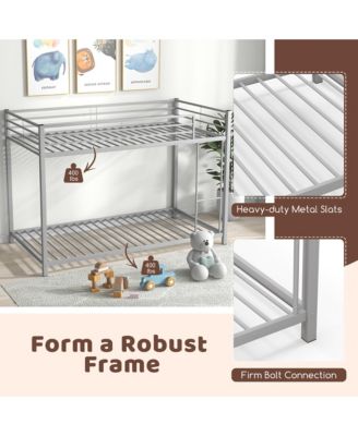 Twin Over Twin Low Metal Bunk Bed with Ladder Guardrails for Teens Adults