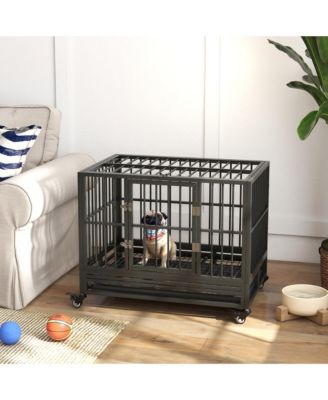 36" Heavy Duty Metal Dog Cage – Double Door Kennel with Lockable Wheels & Removable Tray