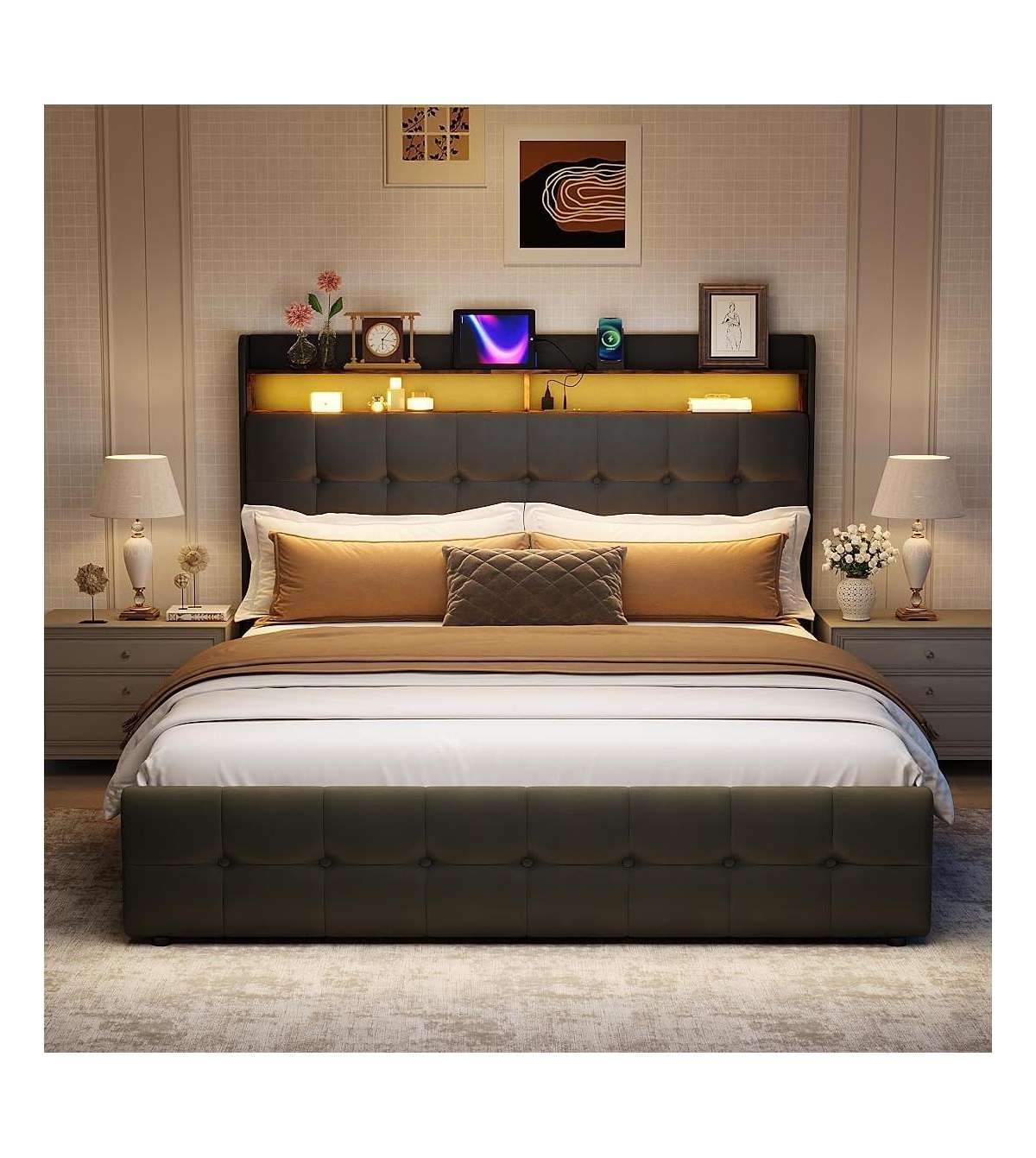 gaomon Bed Frame with 2 Storage Drawers, Upholstered Full Led Light
