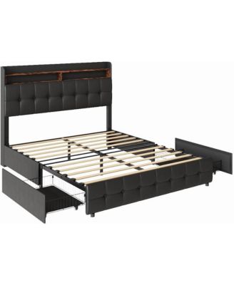 Bed Frame with 2 Storage Drawers, Upholstered Bed Frame Full with LED Light, Double-Layer Bedside Headboard with Charging Socket