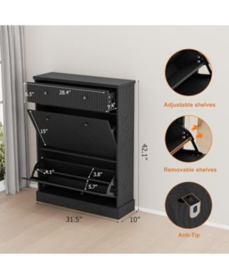 Fluted Shoe Cabinet with 2 Flip Drawers and 1 Top Drawer Narrow Wooden Cabinet with Adjustable Shelves Freestanding Shoe Organizer