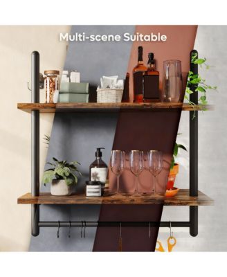 24" Floating Wall Shelves 2 Tier Industrial Coffee Bar With 8 Hooks Towel Bar
