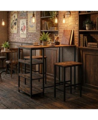 Counter Height Dining Table Set with Storage & 2 Bar Stools, 3-Piece Wooden Kitchen Table for Small Spaces