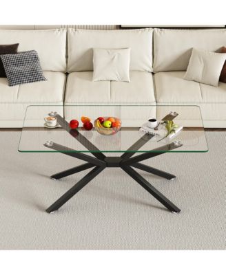 Rectangular Clear Tempered Glass Coffee Table with Adjustable Feet and Metal Legs for Living Room