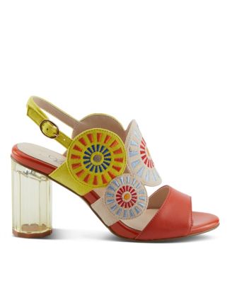 Women's Embroidery Pumps and Heels - Geometric Design, Adjustable Ankle Strap, Transparent Cylindrical Heel