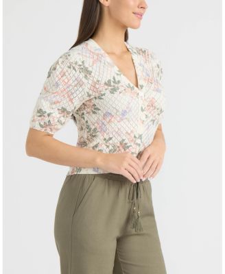 Women's Printed Flutter Sleeve Pointelle Sweater