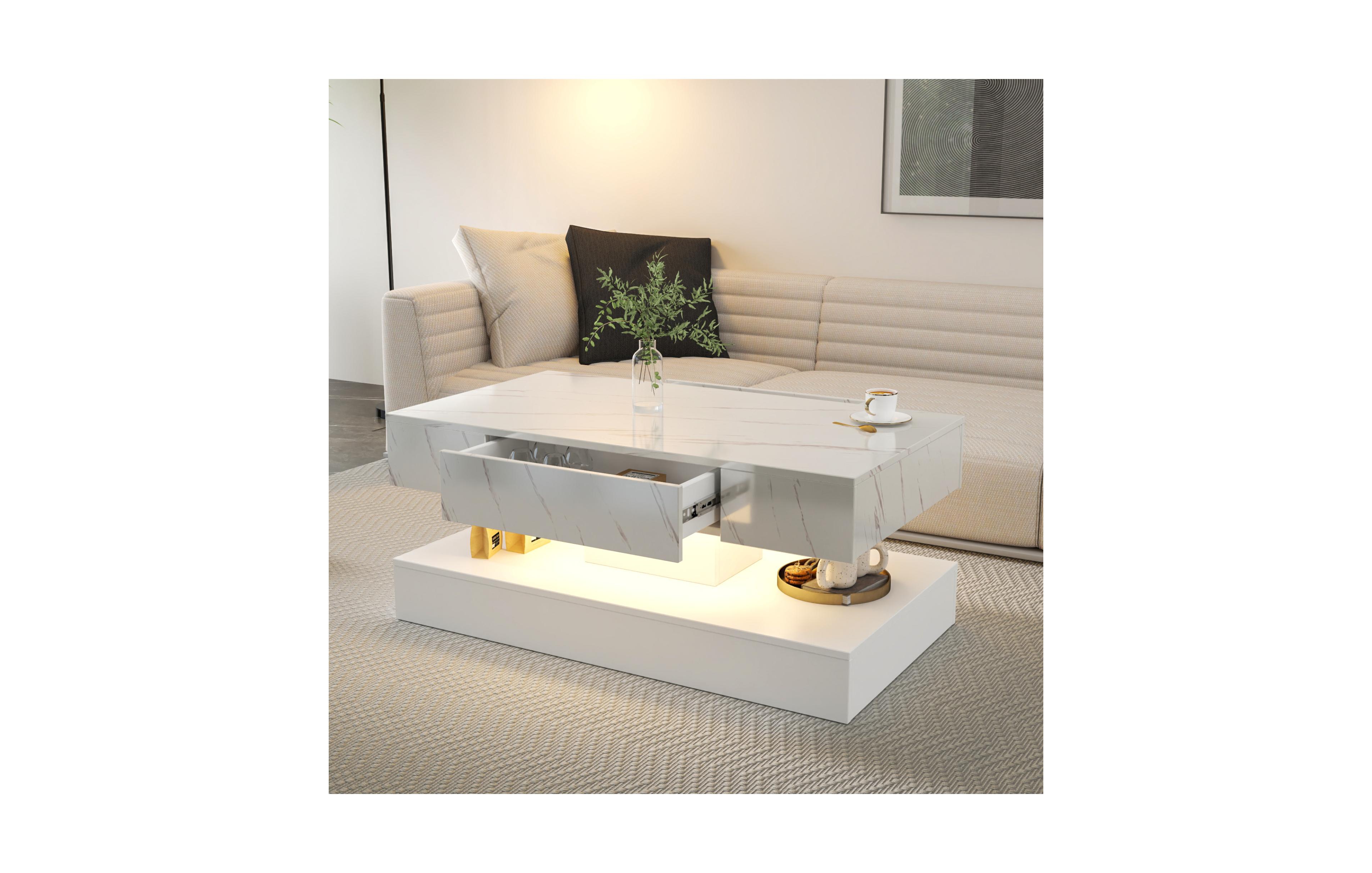 Rainsken Led Coffee Table, Modern Living Room Table, 2-Tier Center Table with Storage Drawer for Home Office, Waiting Area, Reception Room