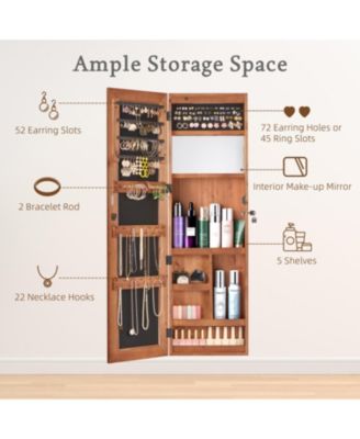 Solid Wood Jewelry Armoire Organizer Cabinet with Full-Length Mirror Wall-Mounted Lockable with LED Light 47.5x14.3 in