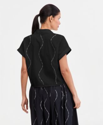 Petite Rhinestone Short-Sleeve Collared Top