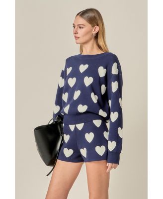 Women's Heart Patterned Crew Neck Sweater