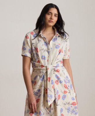 Plus Size Floral Tie-Front Collared Shirtdress
