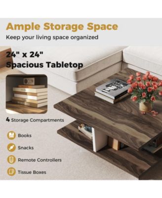 2-Tier Square Coffee Table with 4 Storage Compartments-Walnut
