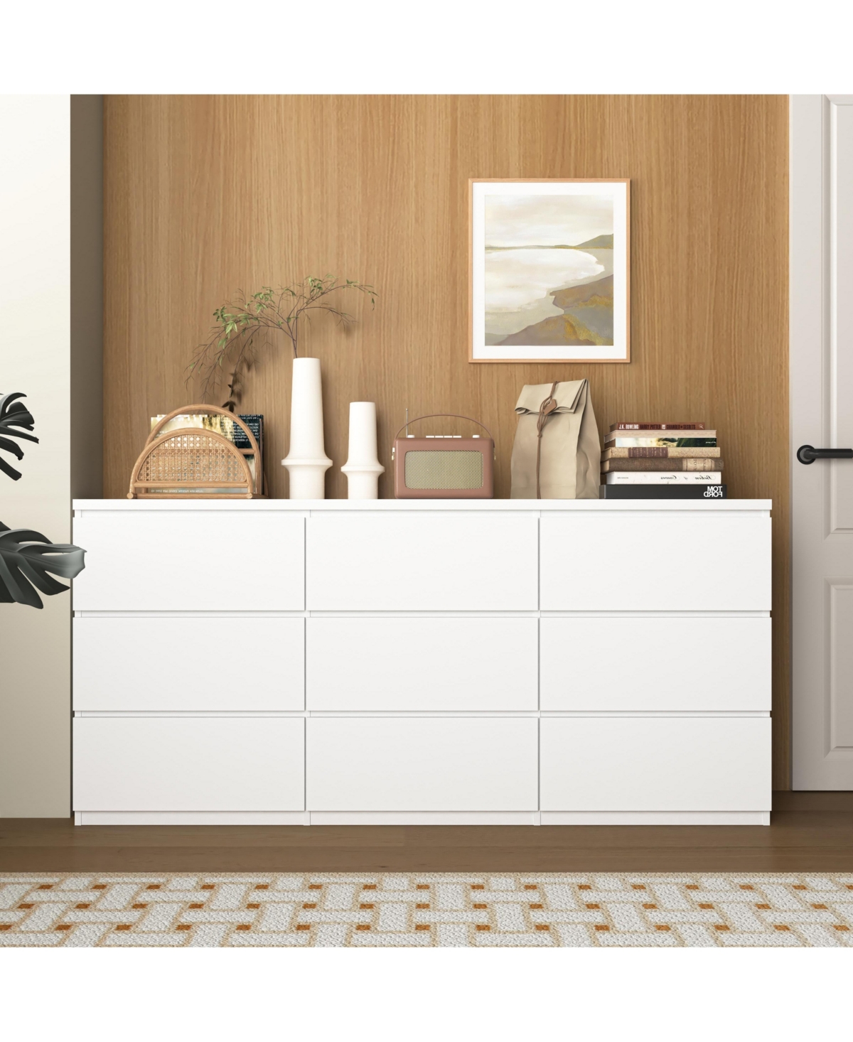 flynama Modern 9 Drawer Dresser No Handle Design 63-Inch-Wide Matte Wood.