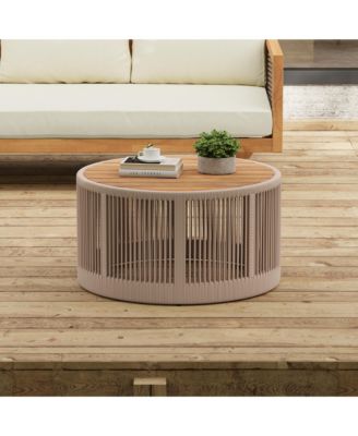Outdoor Rattan Coffee Table - Round Acacia Wood Top & Rope Side Table, for Garden, Deck, Balcony