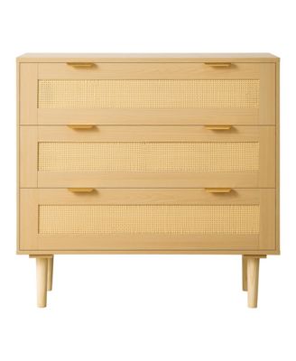 3 Drawer Rattan Dresser - Modern Chest of Drawers with Metal Handles and Wooden Legs, Wood Clothing Storage Closet for Bedroom