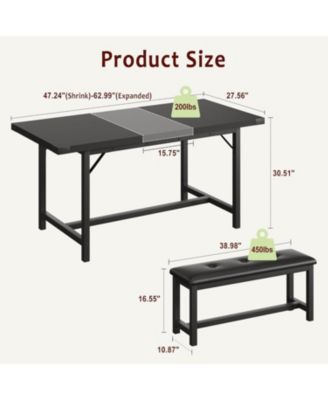 3-Piece 63" Extendable Rectangular Dining Table Set with Metal Frame and 2 Benches