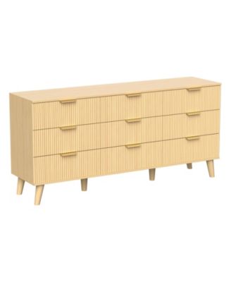 9 Drawer Fluted Wooden Dresser 63W 15.7D 29.5H for Bedroom Nursery Entrance with Wave Pattern