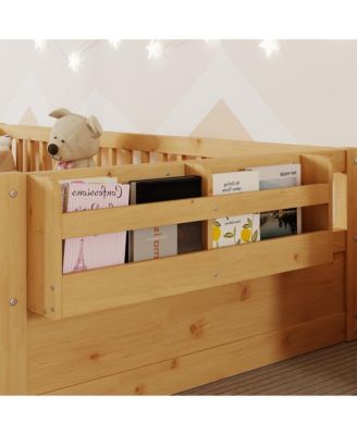 Montessori Wood Floor Bed With LED Light Storage Shelf High Rails