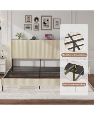 Metal Platform Bed Beige Charging Station 2 USB Ports Noise Free No Box Spring Needed