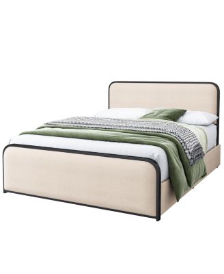 Metal Bed Frame Curved Upholstered Headboard 4 Storage Drawers