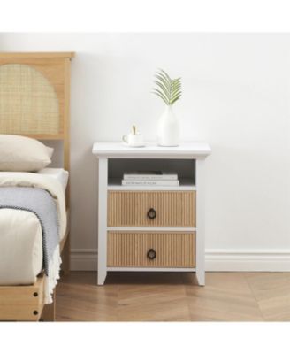 Wooden Nightstand with 2 Drawers and Open Shelf Ripple Pattern Bedside Table with Fluted Design Suitable End Side Table for Bedroom Living Room