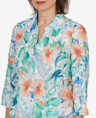 Women's Caribbean Blues Tropical Flower Eyelet Tie-Sleeve Top