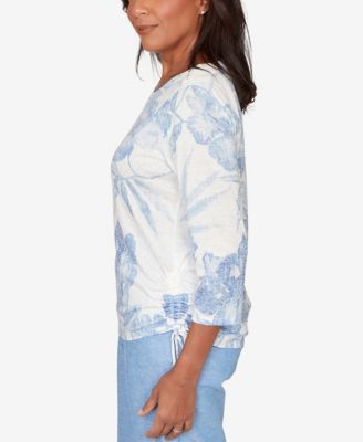 Women's Caribbean Blues Monotone Dramatic Floral Tropical Top